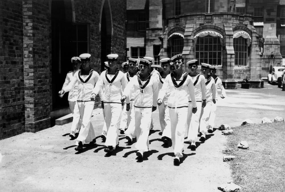 Royal Australian Navy men marching at St. John's Cathedral, Brisbane, ca. 1942