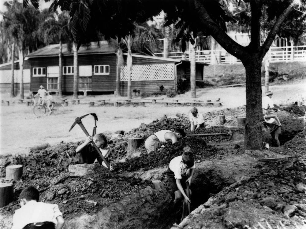 Children digging trenches at Ascot State School, Brisbane, 1942