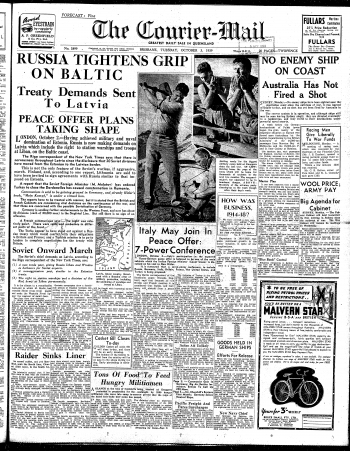 Cover of the Courier-Mail on Tuesday 3 October 1939
